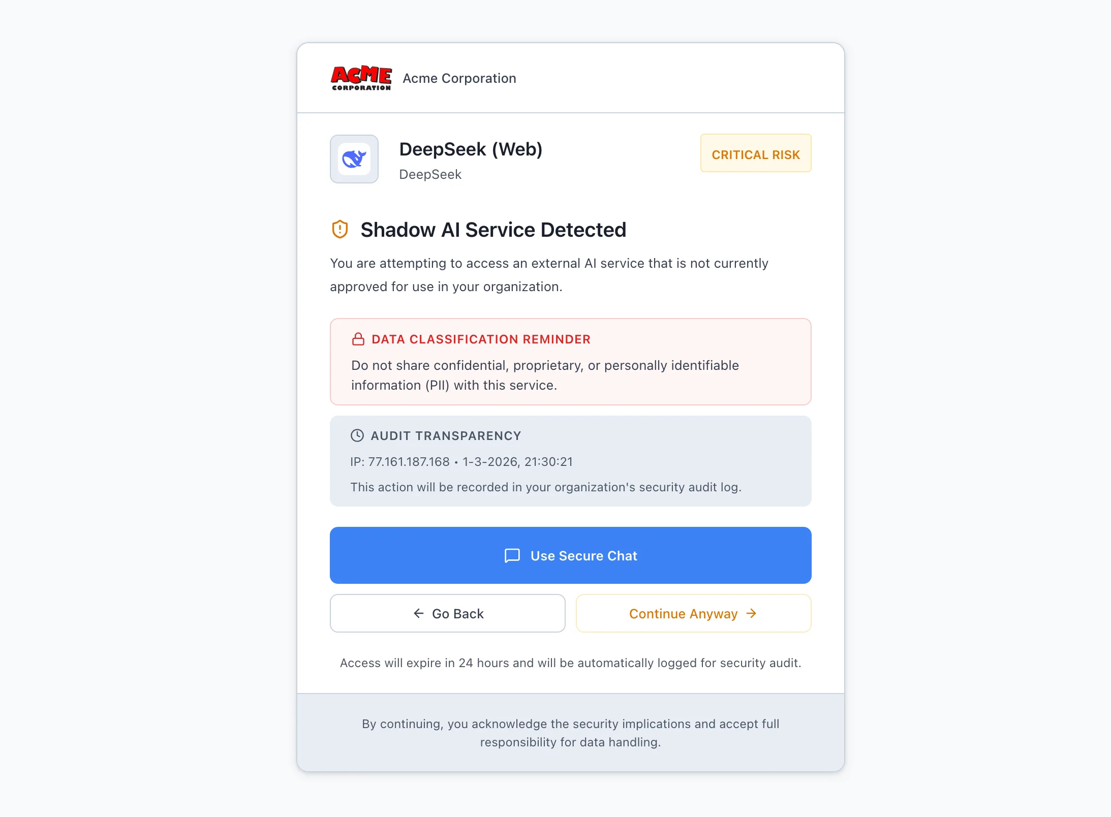 Unseen Security redirect page steering users from Shadow AI to secure alternatives